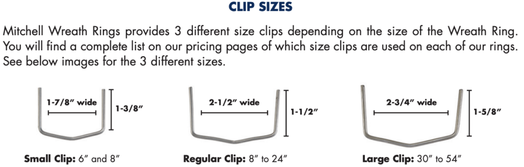 A diagram depicting wreath ring clip sizes, with width and height figures.